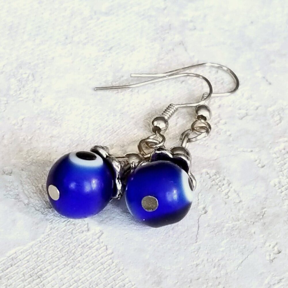 Evil Eye Cobalt Blue White Black Silver Turkish Glass Talisman Protection Handcr
